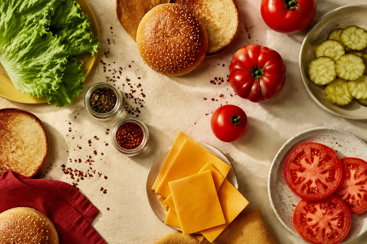 Fresh Stackhouse burger ingredients arranged on a prep table