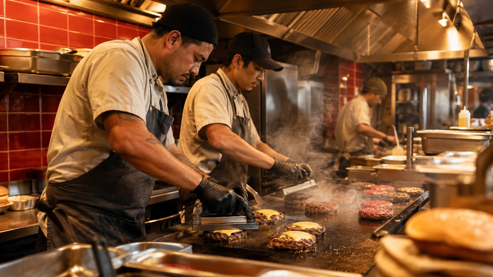 Cooks pressing burgers in the Stackhouse open kitchen
